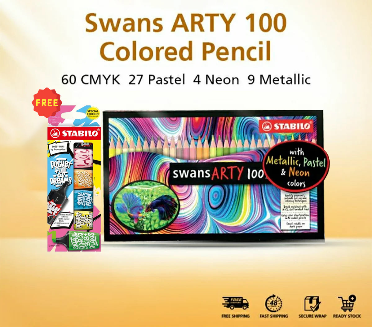 STABILO swans ARTY Colored Pencil 100 Colours with CYMK, Pastel, Metallic & Neon in Hard Cover Box