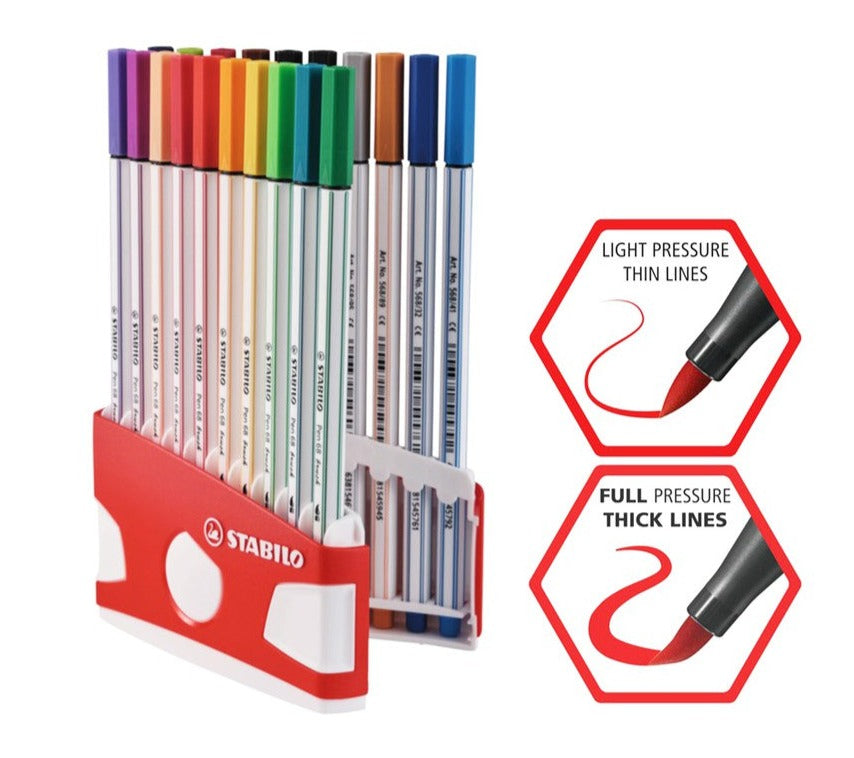 STABILO Premium Fibre-Tip Pen 68 Brush with Brush Tip - Set of 20 Pieces 19 Assorted Colours - Flexible brush tip