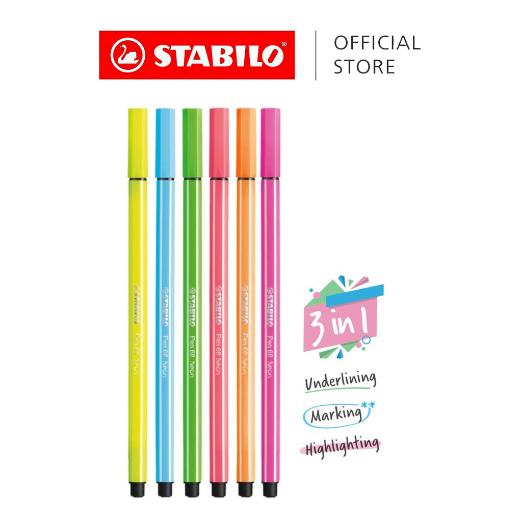 STABILO Pen 68 Marking Highlighter Pen And Text Markers - Neon Colour (Set of 6)