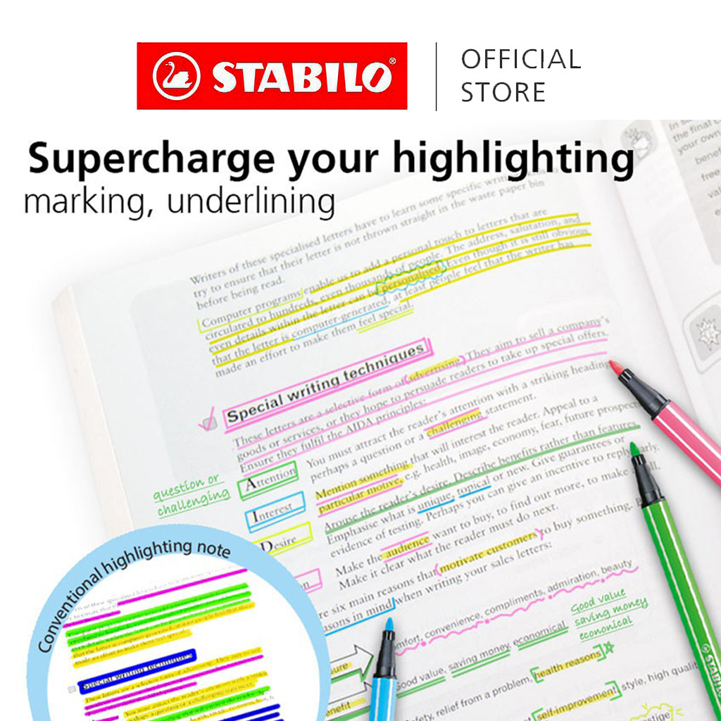 STABILO Pen 68 Marking Highlighter Pen And Text Markers - Neon Colour (Set of 6)