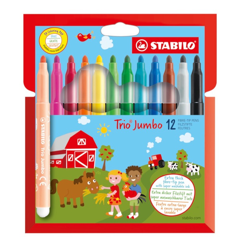 STABILO Trio Jumbo Extra Thick Fibre Tip Pen  Super washable ink - Set of 12 Assorted Colours  XL- tip (3mm)
