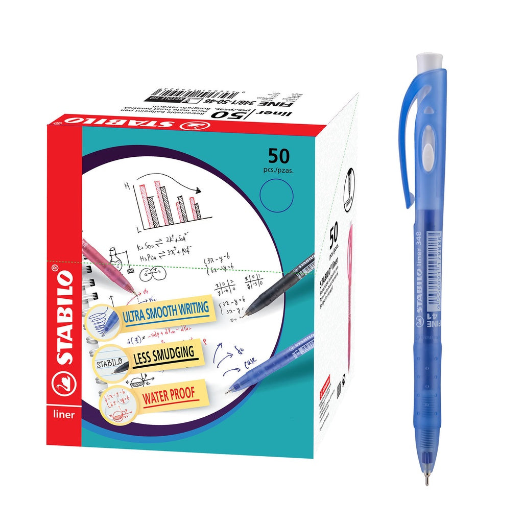 Stabiloc Pin STABILO 348 liner Ballpoint Pen 0.7 mm in Black Blue Red - Box of 50 ...
