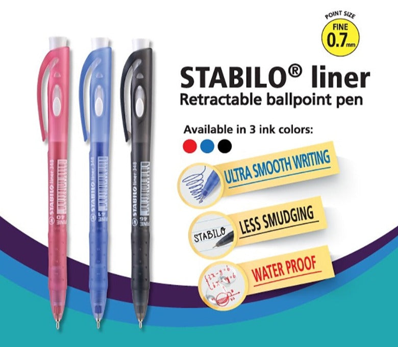 STABILO 348 liner Ballpoint Pen mm in Black Blue Red Box of